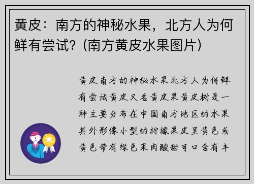 黄皮：南方的神秘水果，北方人为何鲜有尝试？(南方黄皮水果图片)