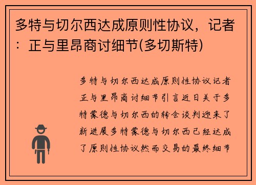 多特与切尔西达成原则性协议，记者：正与里昂商讨细节(多切斯特)