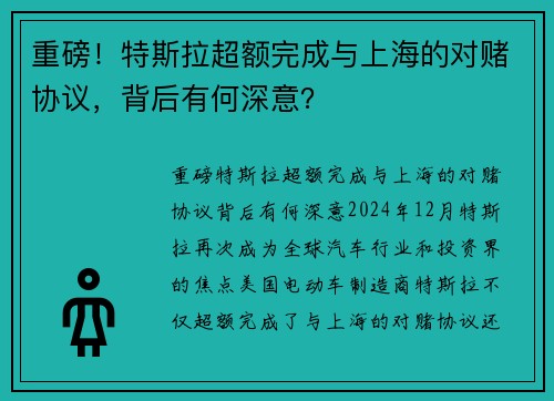 重磅！特斯拉超额完成与上海的对赌协议，背后有何深意？