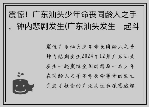 震惊！广东汕头少年命丧同龄人之手，钟内悲剧发生(广东汕头发生一起斗殴)
