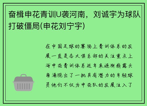 奋楫申花青训U袭河南，刘诚宇为球队打破僵局(申花刘宁宇)