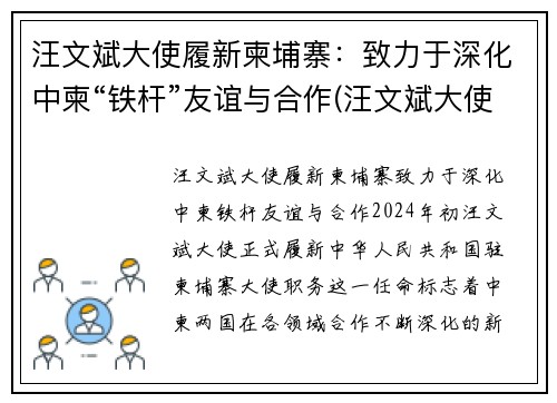 汪文斌大使履新柬埔寨：致力于深化中柬“铁杆”友谊与合作(汪文斌大使年轻照片)