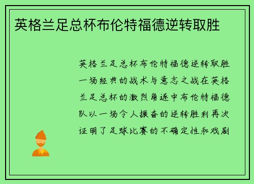 英格兰足总杯布伦特福德逆转取胜